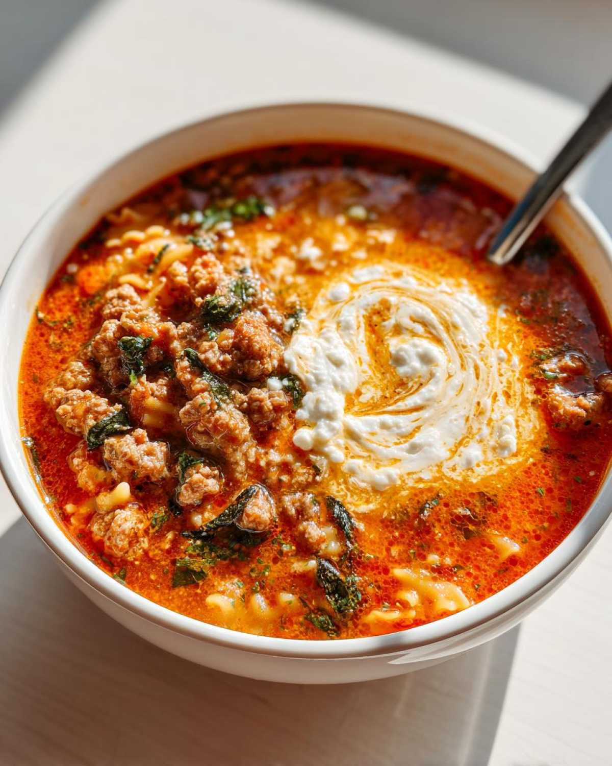 Close-up of a hearty bowl of One-Pot High-Protein Lasagna Soup topped with ricotta cheese swirl.