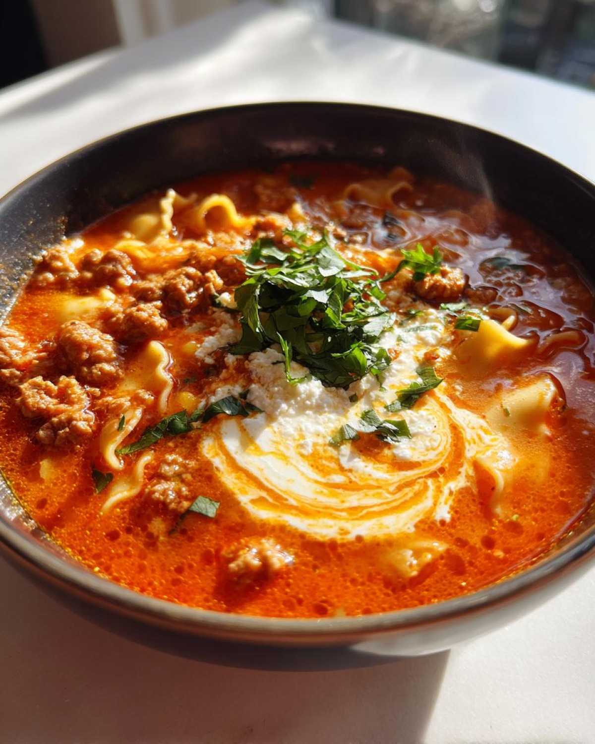 A close-up of a bowl of One-Pot High-Protein Lasagna Soup topped with ricotta and fresh parsley.