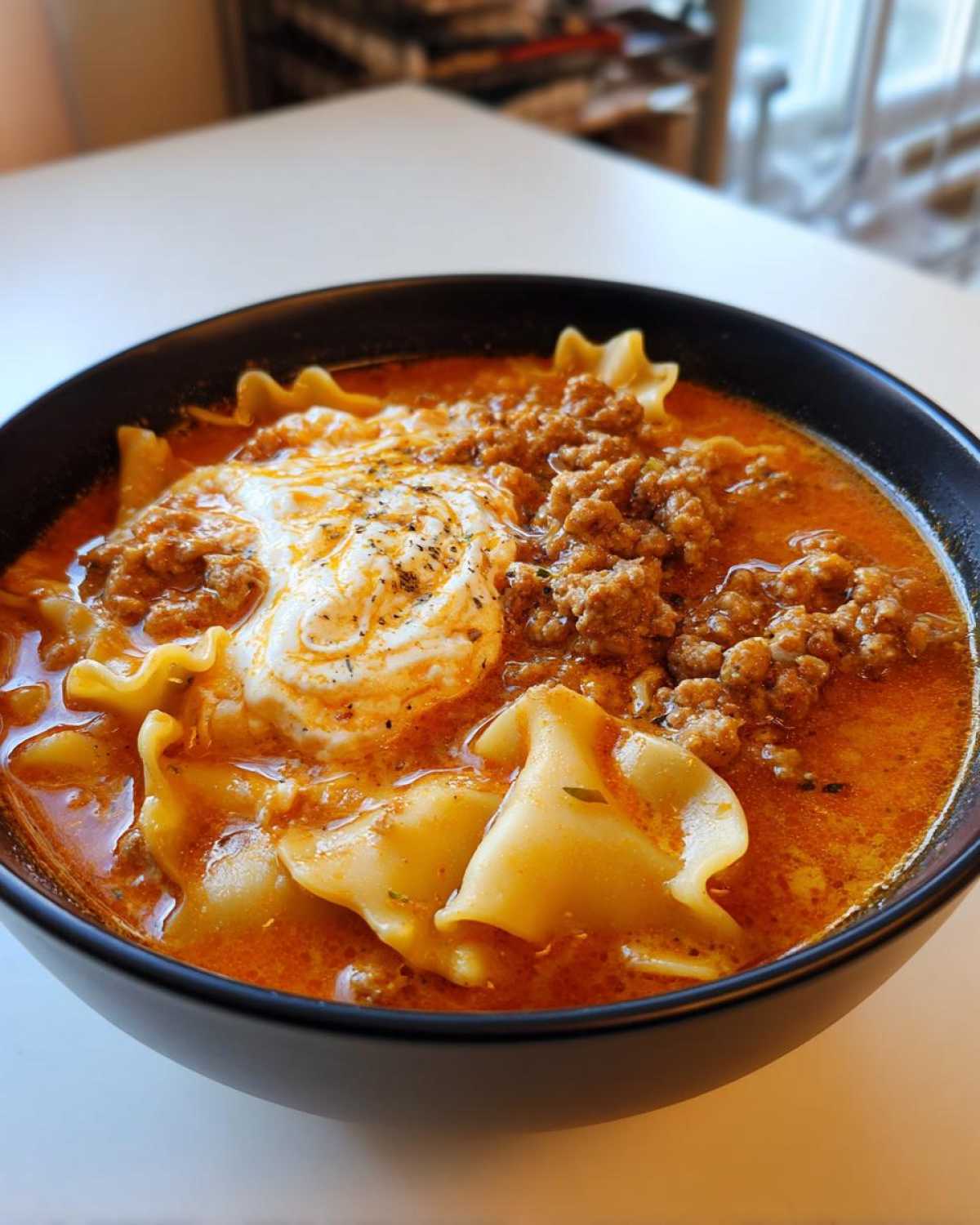 Close-up of a black bowl filled with One-Pot High-Protein Lasagna Soup, featuring broth, meat, lasagna noodles, and a dollop of ricotta.