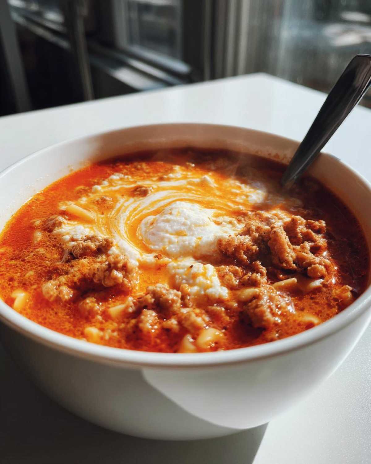 Close-up of a steaming bowl of One-Pot High-Protein Lasagna Soup topped with ricotta cheese swirl.