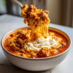 A spoonful of steaming One-Pot High-Protein Lasagna Soup showing extreme cheese pull over ricotta topping.