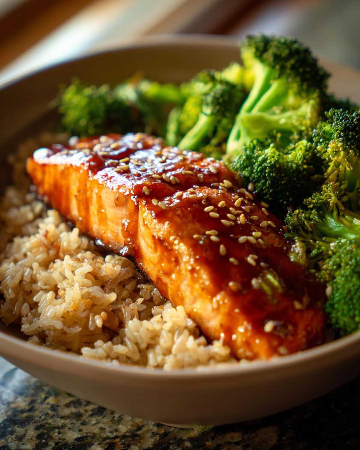 Close-up of a perfectly cooked salmon fillet with orange ginger glaze and sesame seeds over brown rice and broccoli in a bowl.
