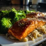Close-up of glazed salmon fillets served over brown rice with bright green steamed broccoli, part of the Orange Ginger Salmon Bowls.