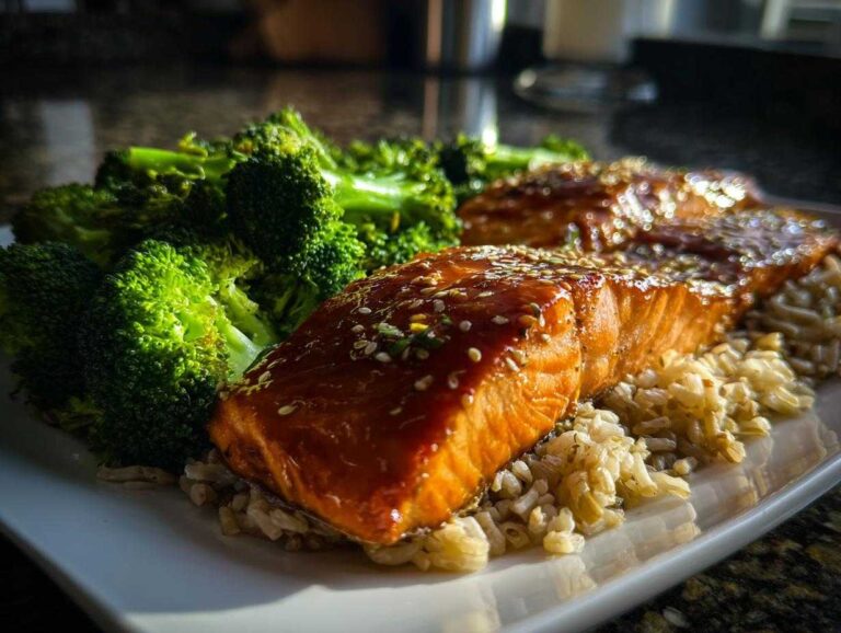 Amazing 4-Step Orange Ginger Salmon Bowls Close-up of glazed salmon fillets served over brown rice with bright green steamed broccoli, part of the Orange Ginger Salmon Bowls.