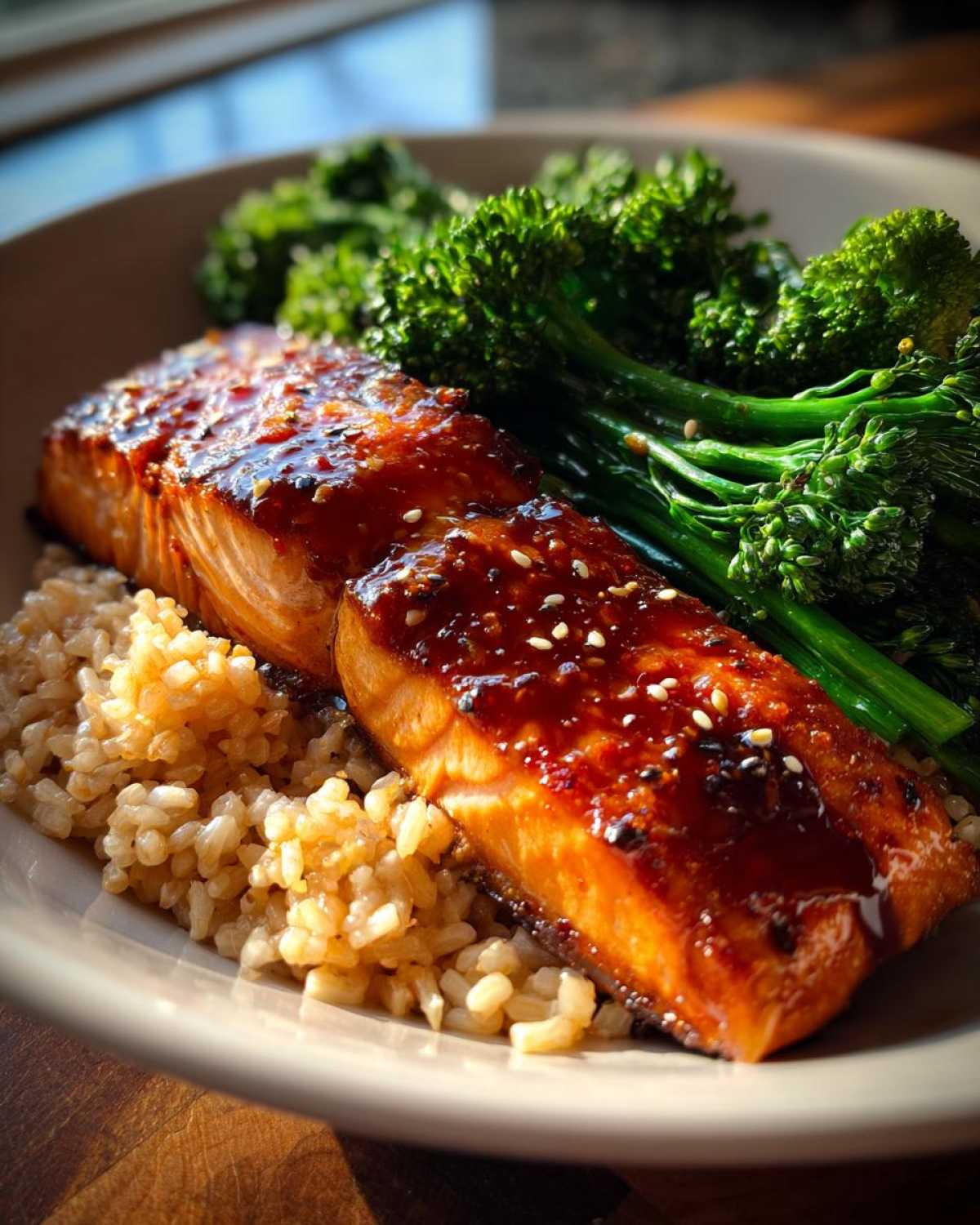 A close-up of a perfectly cooked salmon fillet glazed with sauce and sesame seeds, served over brown rice with steamed broccoli, part of the Orange Ginger Salmon Bowls.