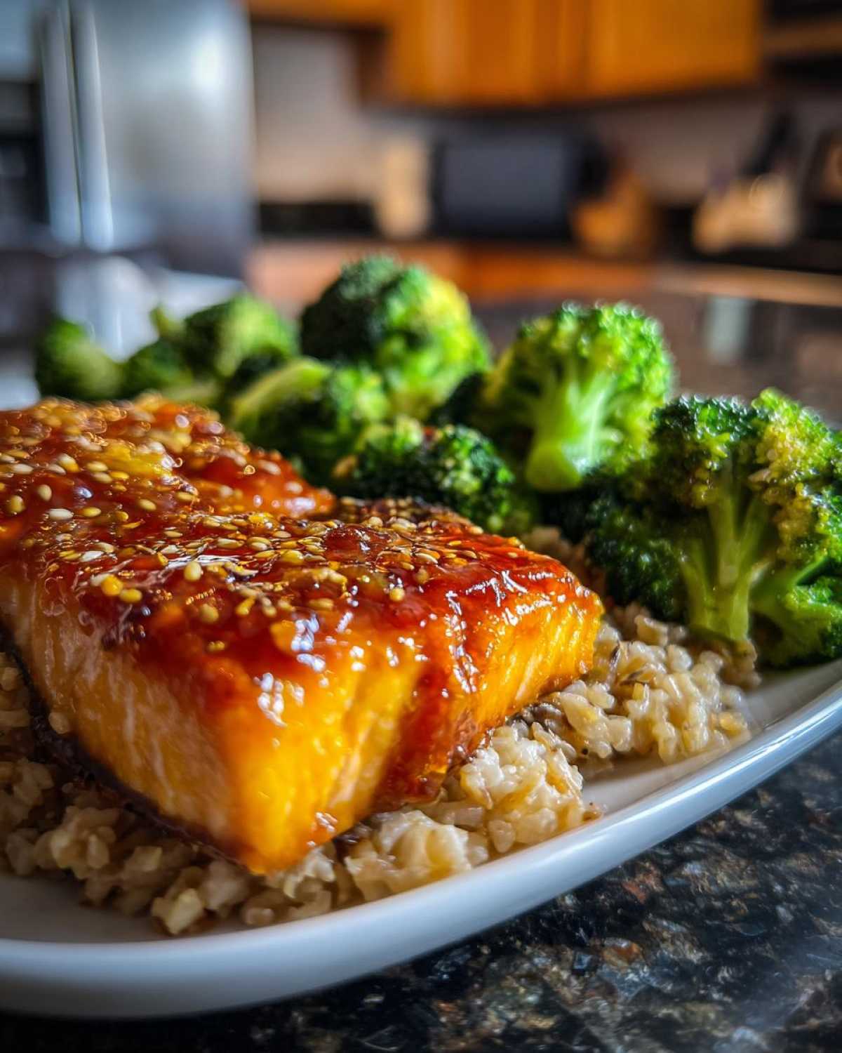 Close-up of glazed salmon fillet topped with sesame seeds served over brown rice with steamed broccoli, part of the Orange Ginger Salmon Bowls.