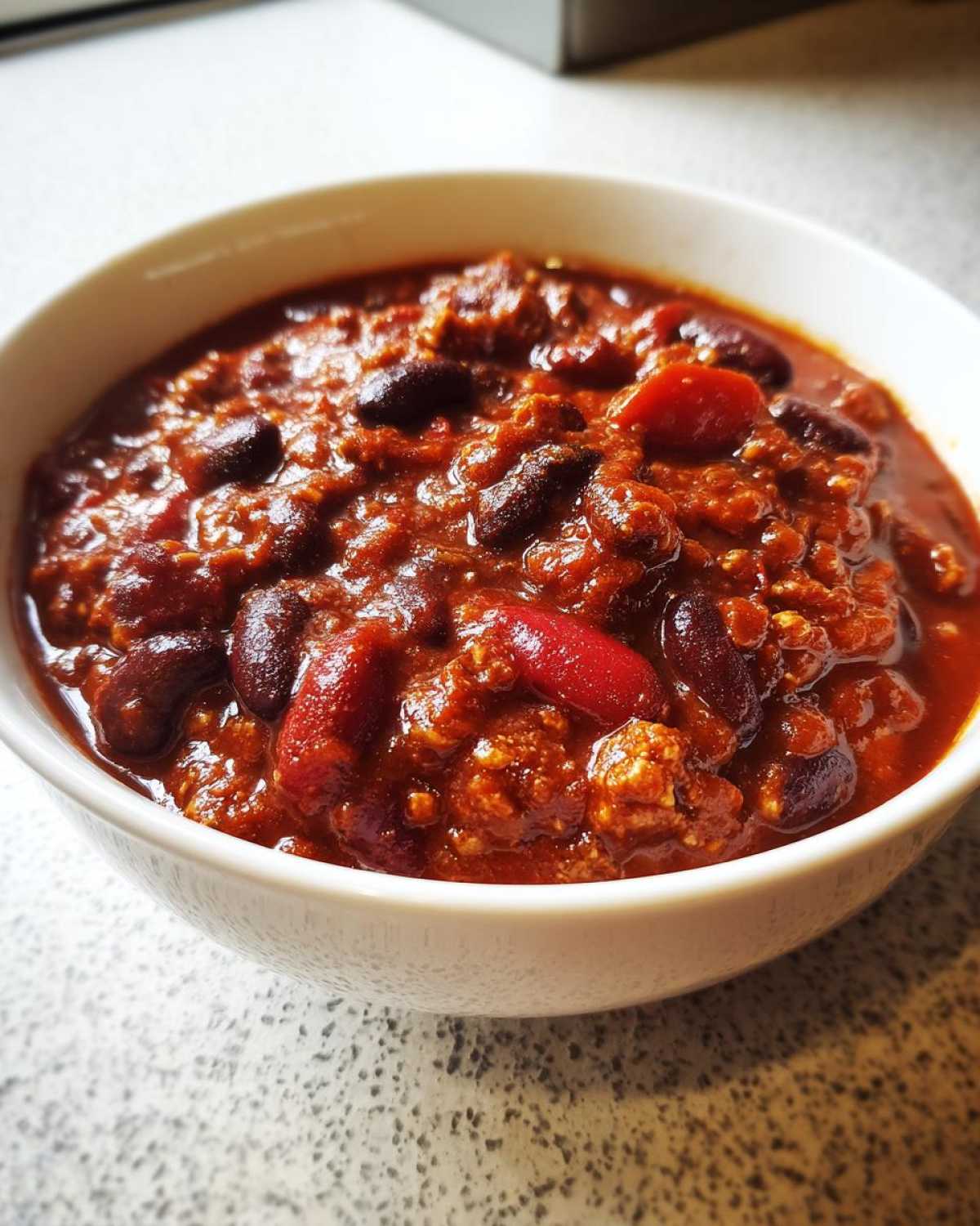 A close-up view of rich, thick Pantry Staple Chili with Beans served in a white bowl.