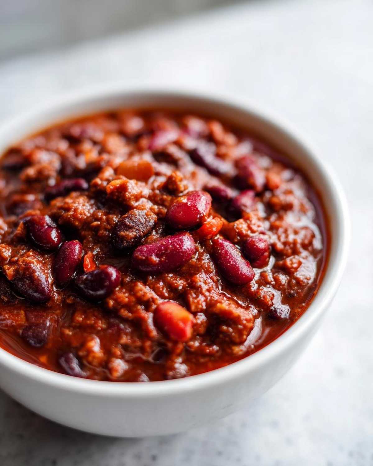 Close-up of a rich, thick serving of Pantry Staple Chili with Beans, featuring dark red kidney beans in a white bowl.