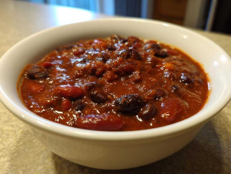 Close-up of a rich, thick serving of Pantry Staple Chili with Beans in a white bowl.