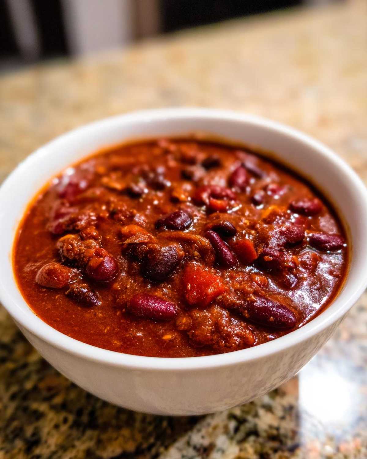 Close-up of a white bowl filled with rich, thick Pantry Staple Chili with Beans.