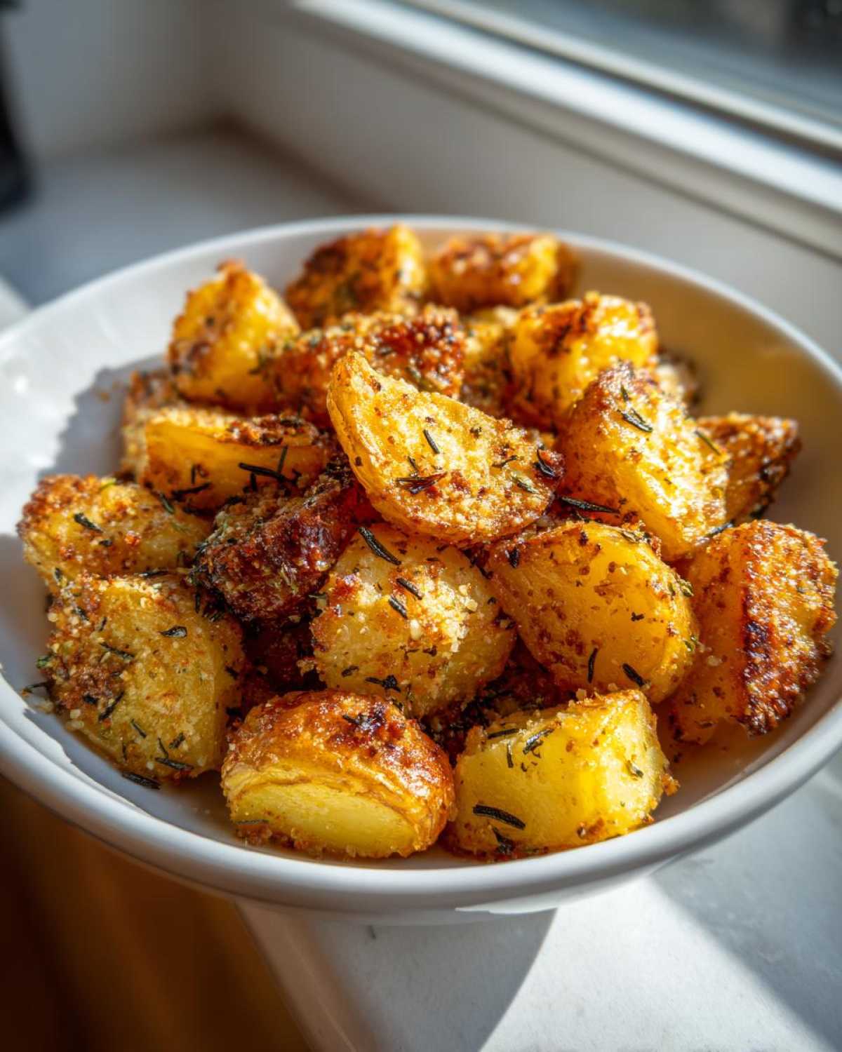 A white bowl filled with crispy, golden Parmesan Roasted Potatoes with Garlic and herbs, lit by natural window light.
