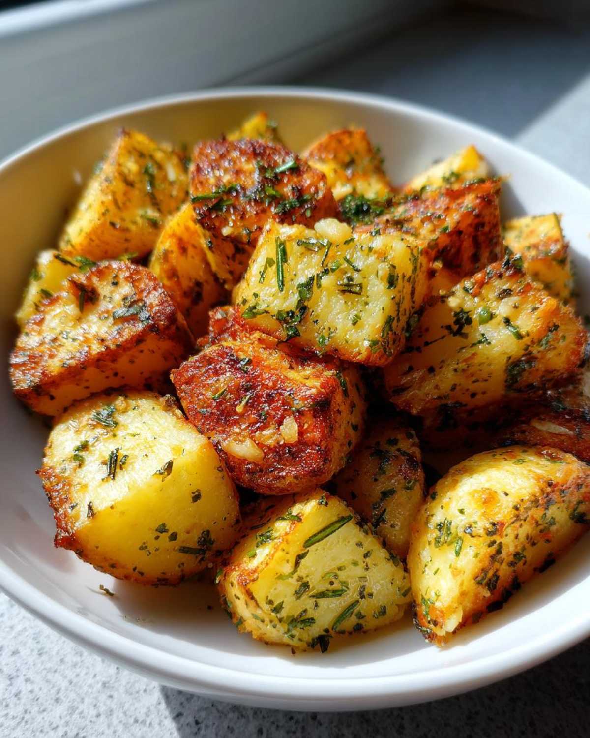 Close-up of golden, crispy Parmesan Roasted Potatoes with Garlic, seasoned with herbs, served in a white bowl.
