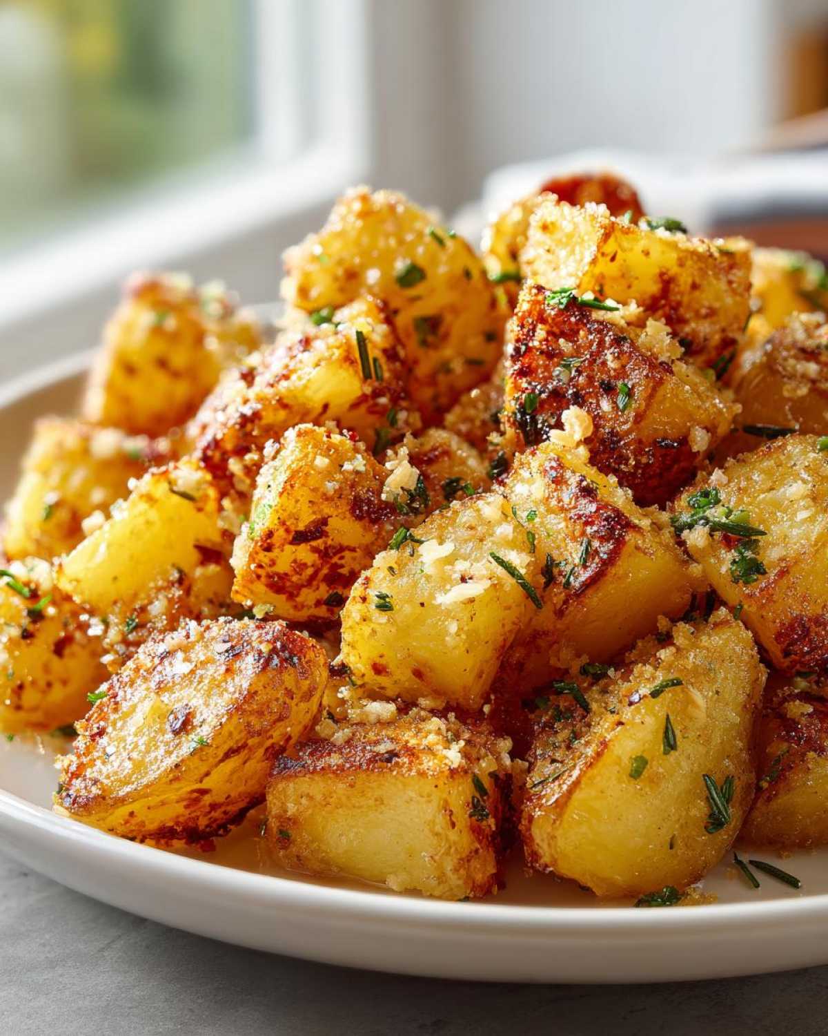 Close-up of golden, crispy Parmesan Roasted Potatoes with Garlic, sprinkled with grated cheese and herbs.