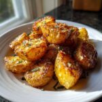 A close-up of crispy, golden Parmesan Roasted Potatoes with Garlic, seasoned with rosemary, piled on a white plate.