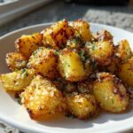 A close-up of golden, crispy Parmesan Roasted Potatoes with Garlic, sprinkled with fresh herbs.