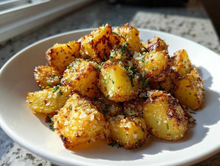 A close-up of golden, crispy Parmesan Roasted Potatoes with Garlic, sprinkled with fresh herbs.