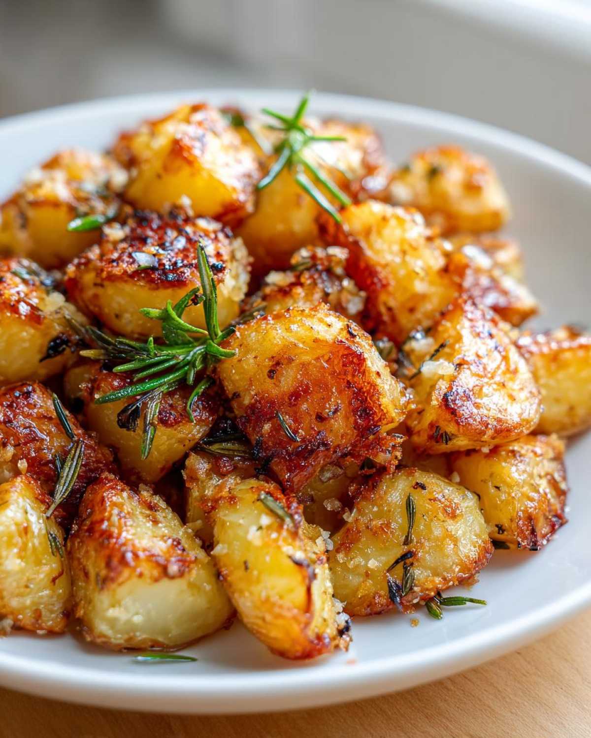 Close-up of golden brown Parmesan Roasted Potatoes with Garlic, garnished with fresh rosemary sprigs.