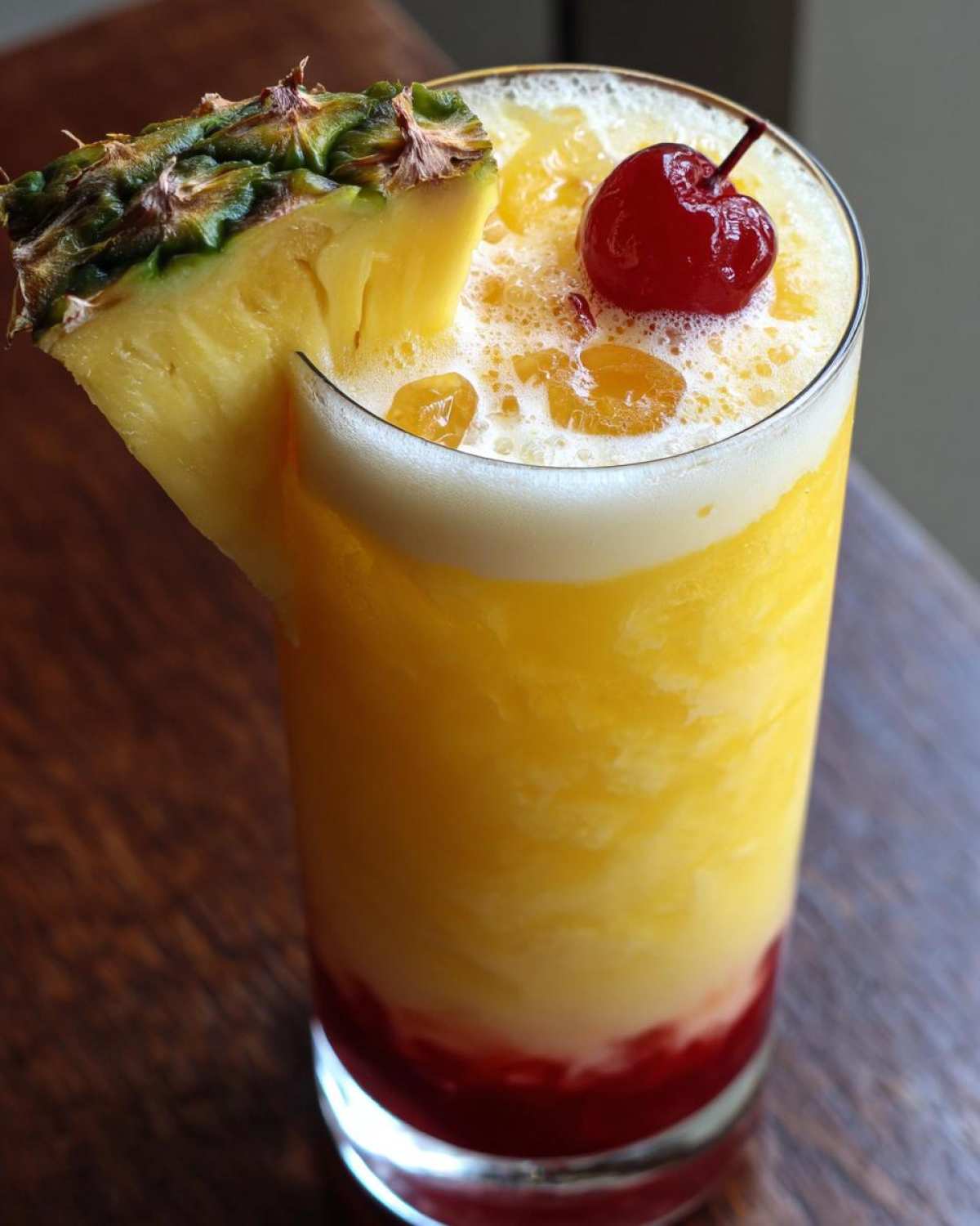 A tall glass filled with a layered Piña Colada Sunrise Mocktail, featuring yellow/orange layers, a red base, and garnished with a pineapple wedge and a maraschino cherry.