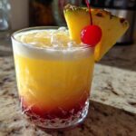A layered Piña Colada Sunrise Mocktail featuring yellow and red layers, topped with ice and garnished with a pineapple wedge and maraschino cherry.