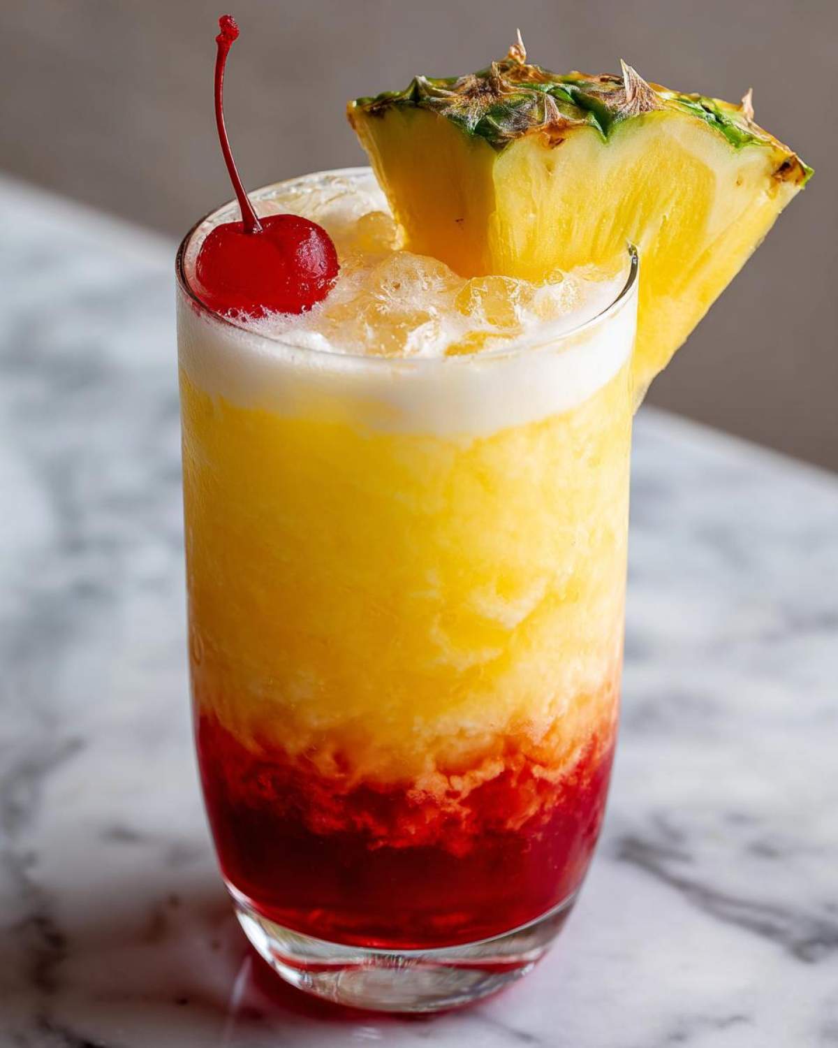 A tall glass containing a layered Piña Colada Sunrise Mocktail with crushed ice, topped with a maraschino cherry and pineapple wedge.