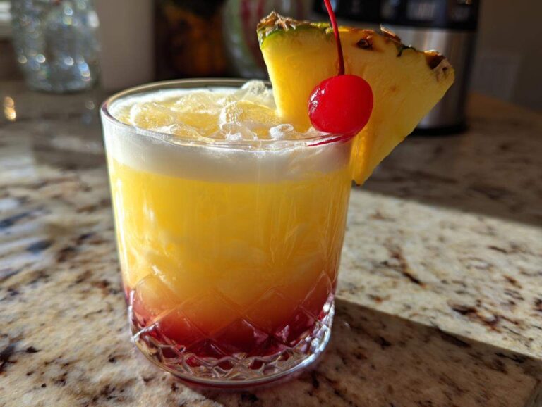 A layered Piña Colada Sunrise Mocktail featuring yellow and red layers, topped with ice and garnished with a pineapple wedge and maraschino cherry.