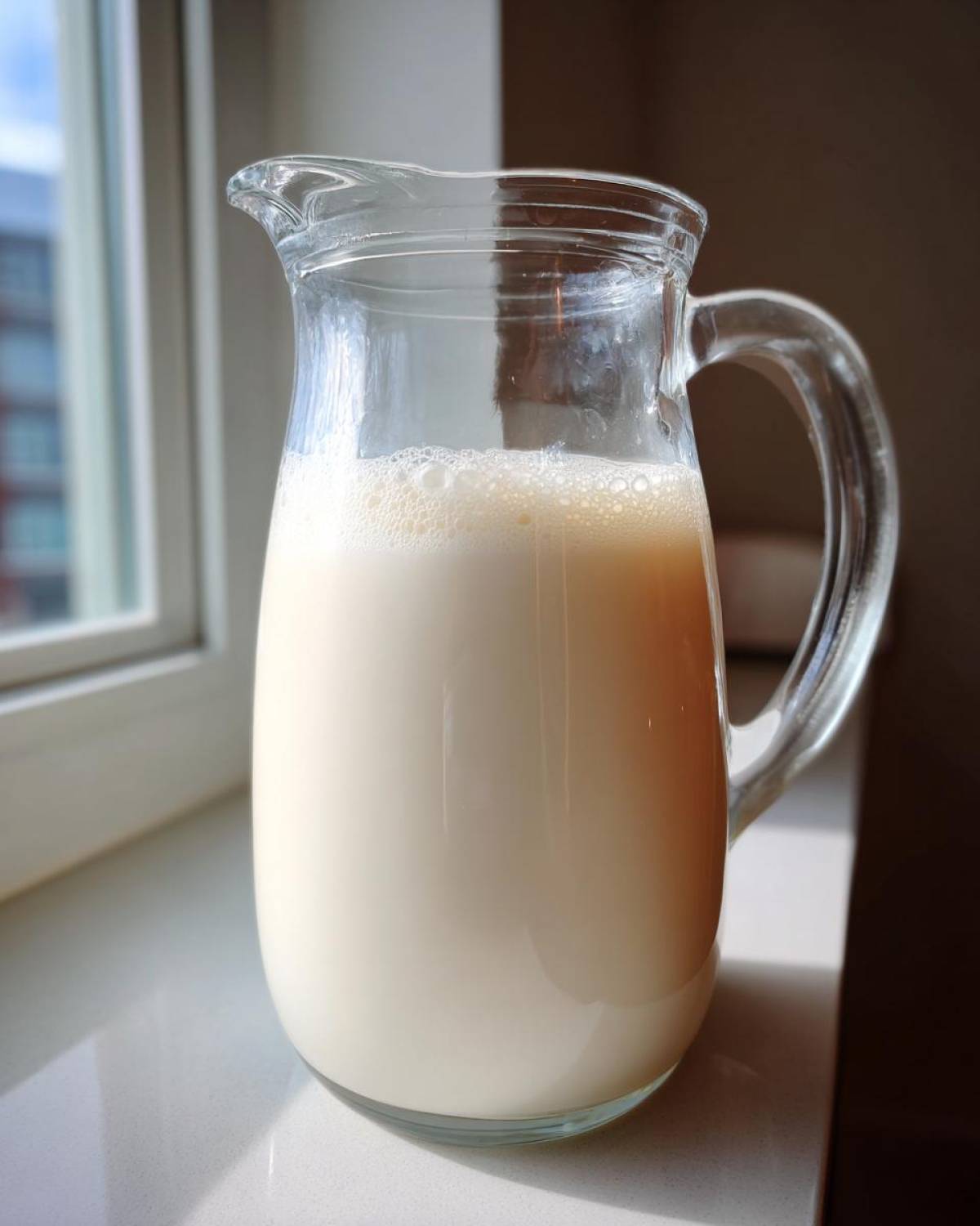A clear glass pitcher filled with creamy Salted Maple Cashew Milk sitting on a bright windowsill.