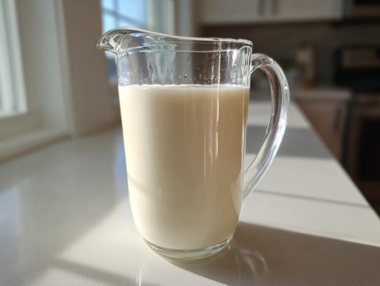 A glass pitcher filled with creamy Salted Maple Cashew Milk sitting on a bright white countertop.