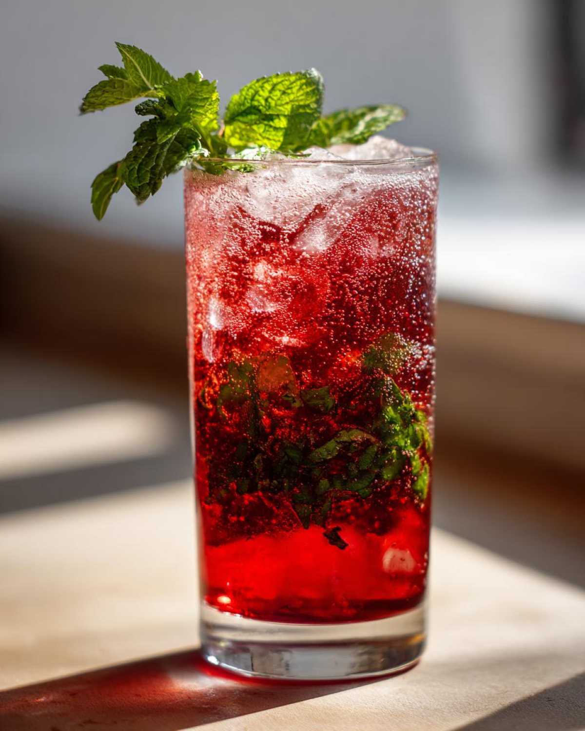 A tall glass filled with a bright red, bubbly Pomegranate Spritz with Fresh Mint and ice.