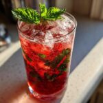 A tall glass filled with a bright red Pomegranate Spritz with Fresh Mint, ice, and bubbles, garnished with mint leaves.