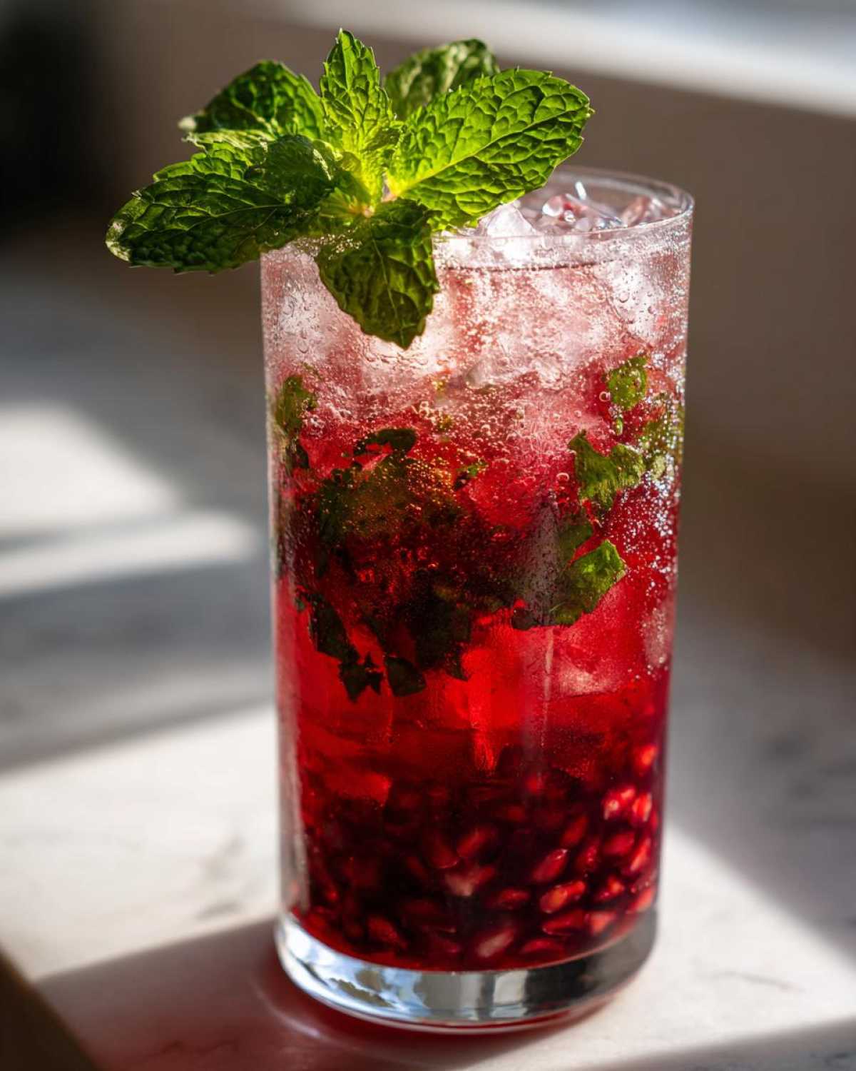Close-up of a tall glass filled with a vibrant red Pomegranate Spritz with Fresh Mint, ice, and whole pomegranate seeds.