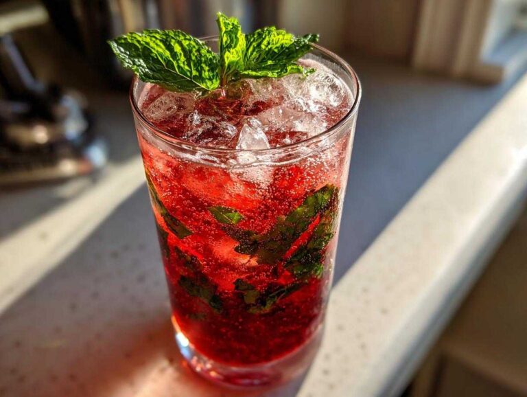 A tall glass filled with a bright red Pomegranate Spritz with Fresh Mint, ice, and bubbles, garnished with mint leaves.