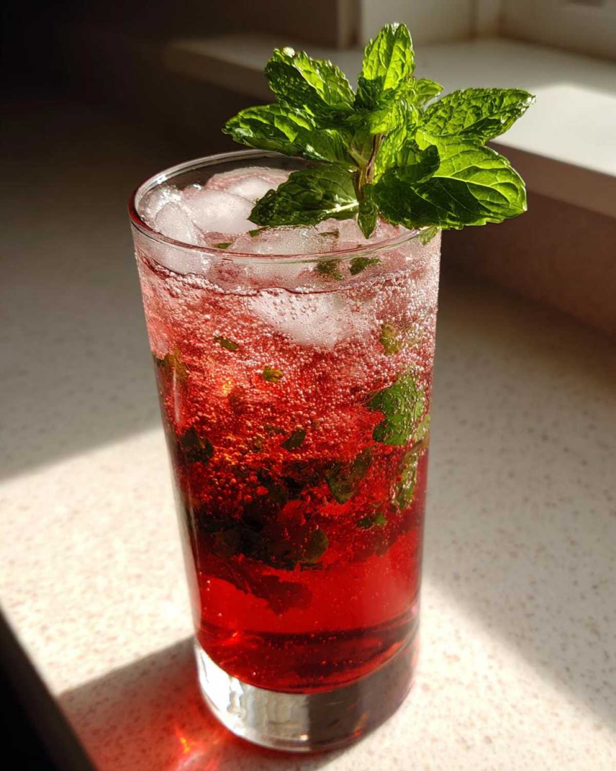 A tall glass filled with a vibrant red Pomegranate Spritz with Fresh Mint, ice, and bubbles, garnished with a sprig of mint.