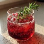 A refreshing Pomegranate Spritz with Rosemary garnish, featuring bright red bubbles and seeds in a glass.