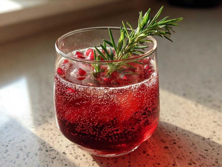 A refreshing Pomegranate Spritz with Rosemary garnish, featuring bright red bubbles and seeds in a glass.