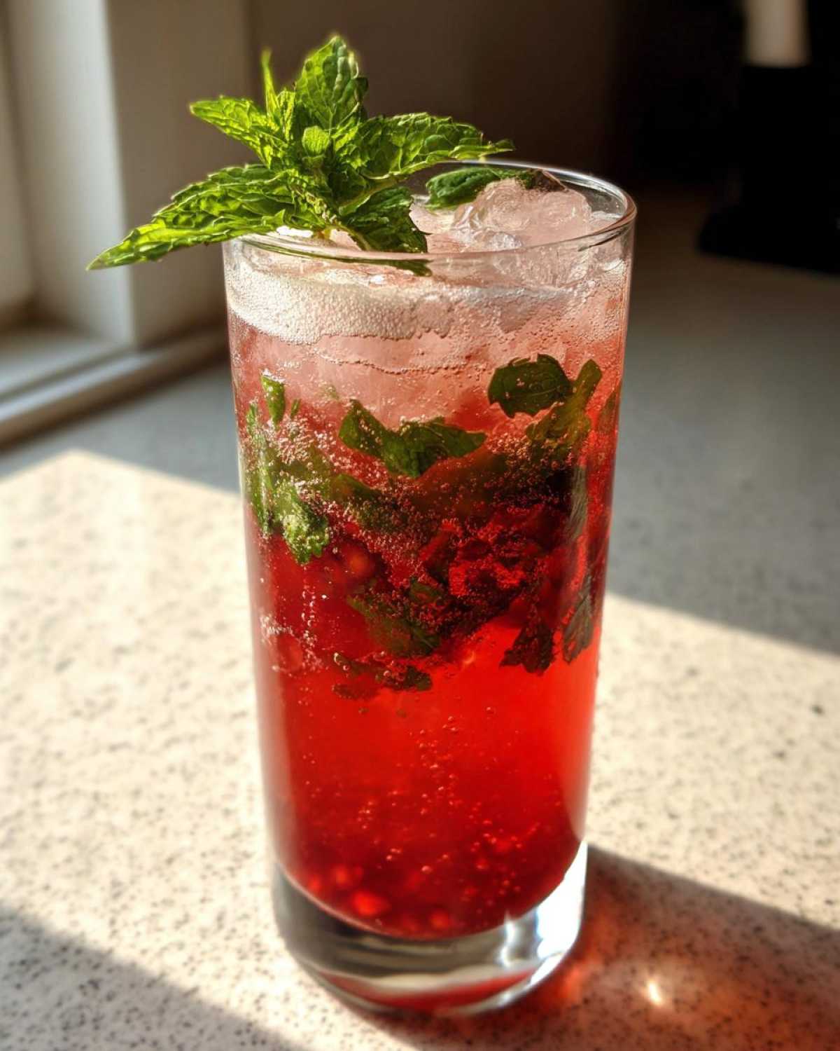 A tall glass filled with a bright red Pomegranate Spritz with Fresh Mint, ice, and bubbles, garnished with mint leaves.