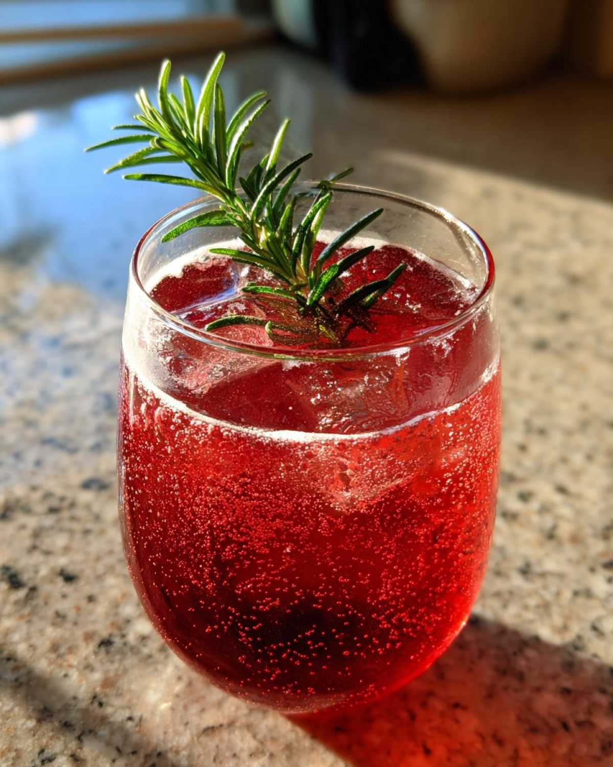 Close-up of a vibrant red Pomegranate Spritz with Rosemary garnish in a glass on a granite counter.