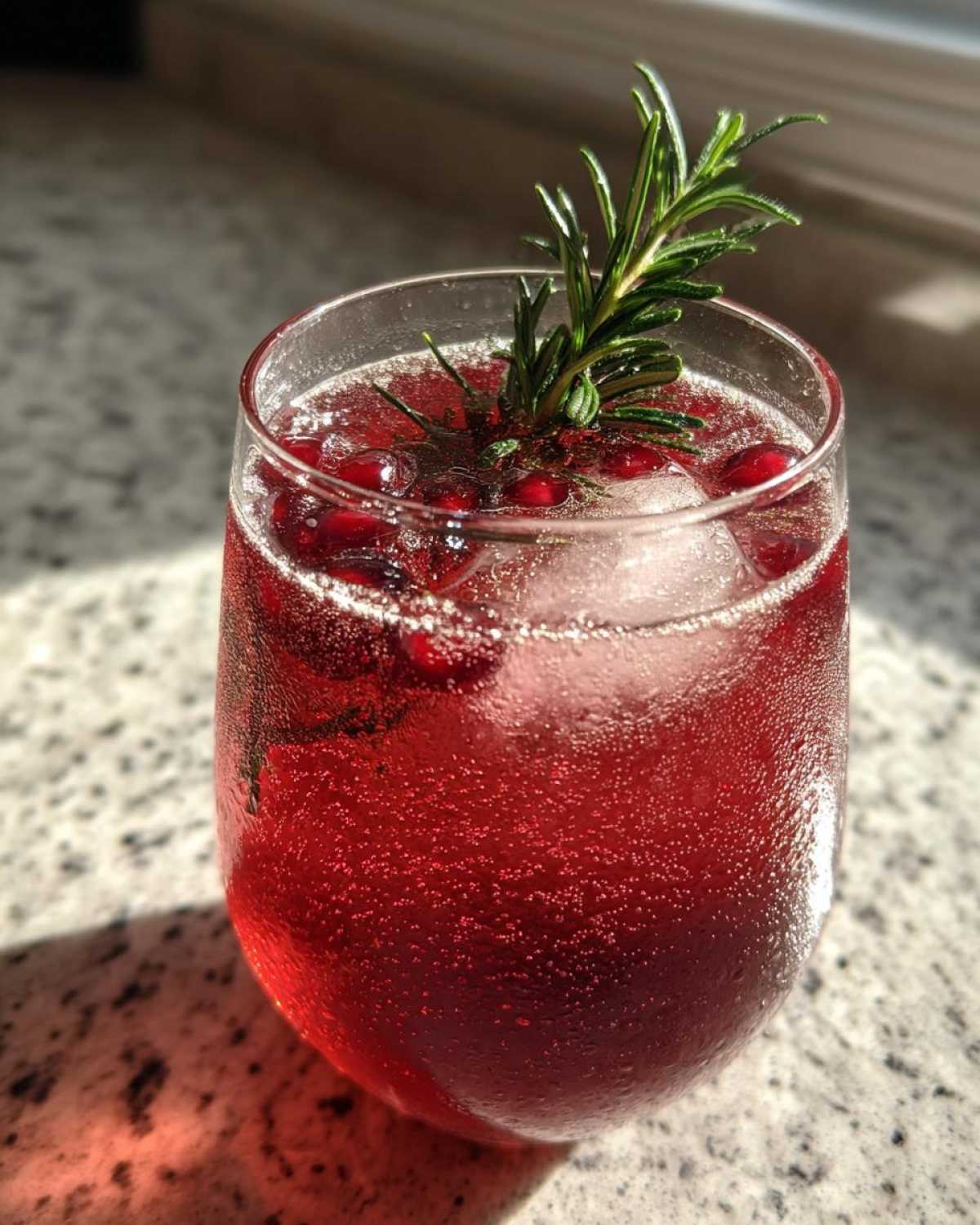 Close-up of a fizzy Pomegranate Spritz with Rosemary garnish and floating pomegranate seeds.