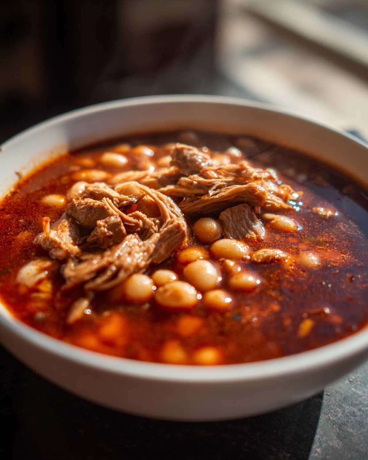 Close-up of a steaming white bowl filled with rich, red Pozole Rojo with Pork and Hominy.