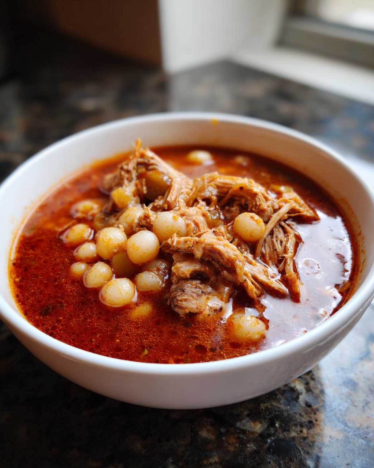 A close-up of a white bowl filled with rich, red Pozole Rojo with Pork and Hominy.