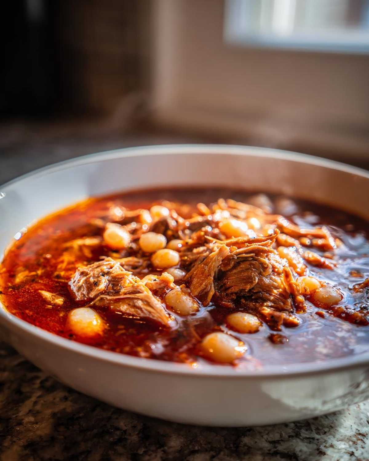 Close-up of a steaming bowl of Pozole Rojo with Pork and Hominy, featuring shredded meat in a deep red broth.