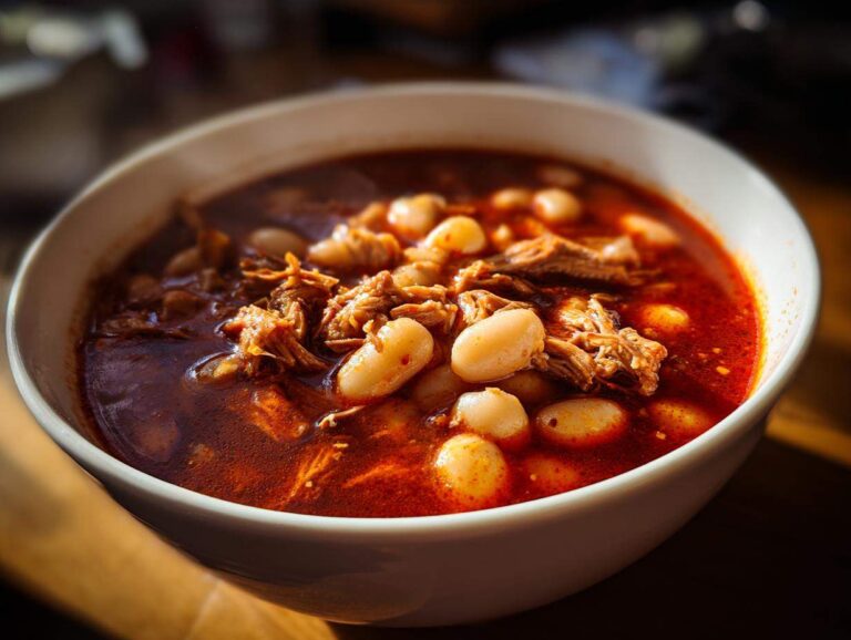 Close-up of a white bowl filled with rich, red Pozole Rojo with Pork and Hominy.
