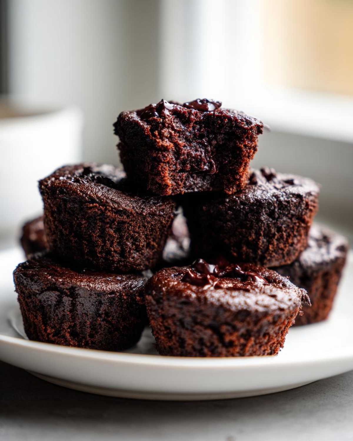A stack of rich, dark chocolate Protein Brownie Bites with Collagen, one on top showing a bite taken out.