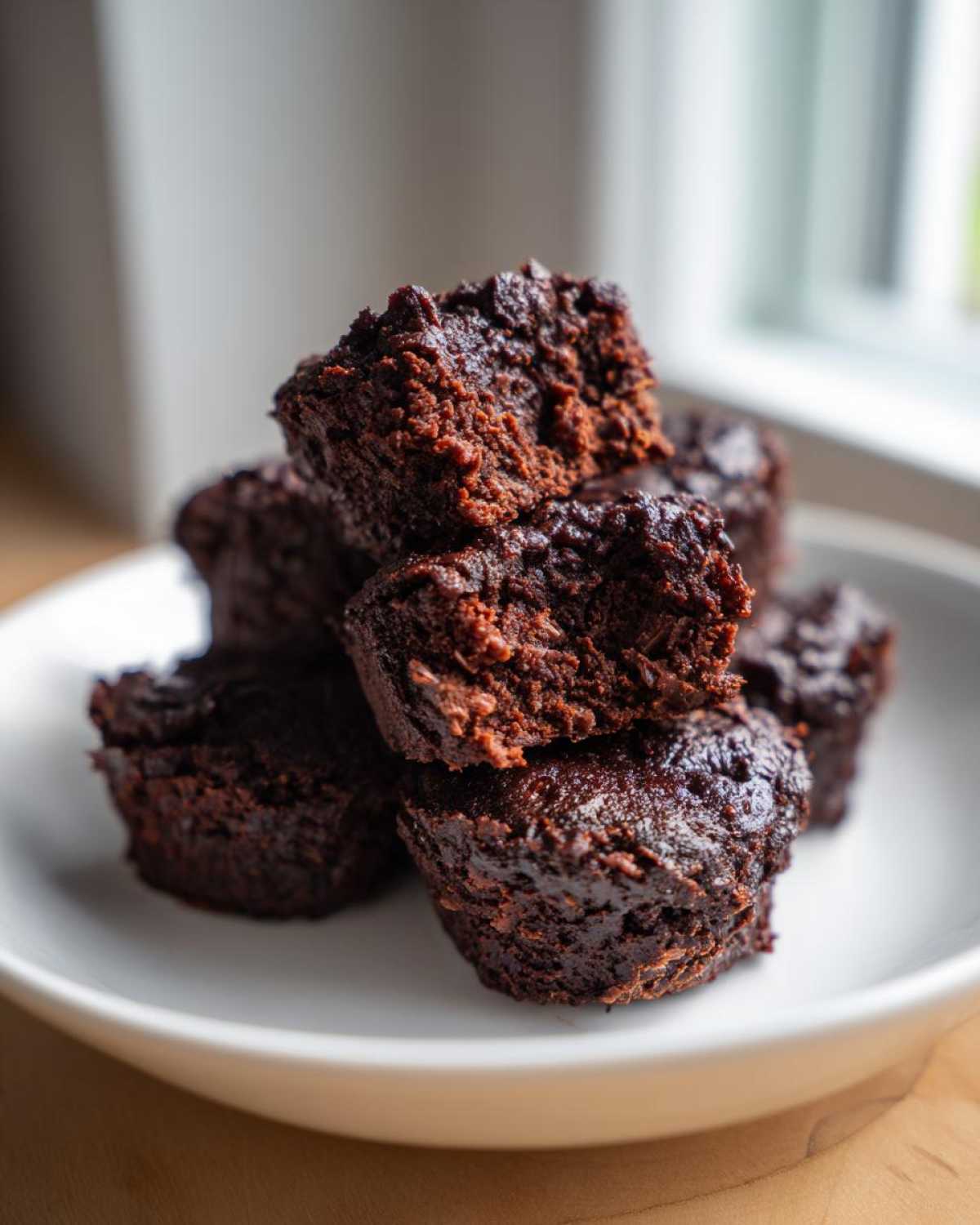 A stack of fudgy, dark chocolate Protein Brownie Bites with Collagen on a white plate.
