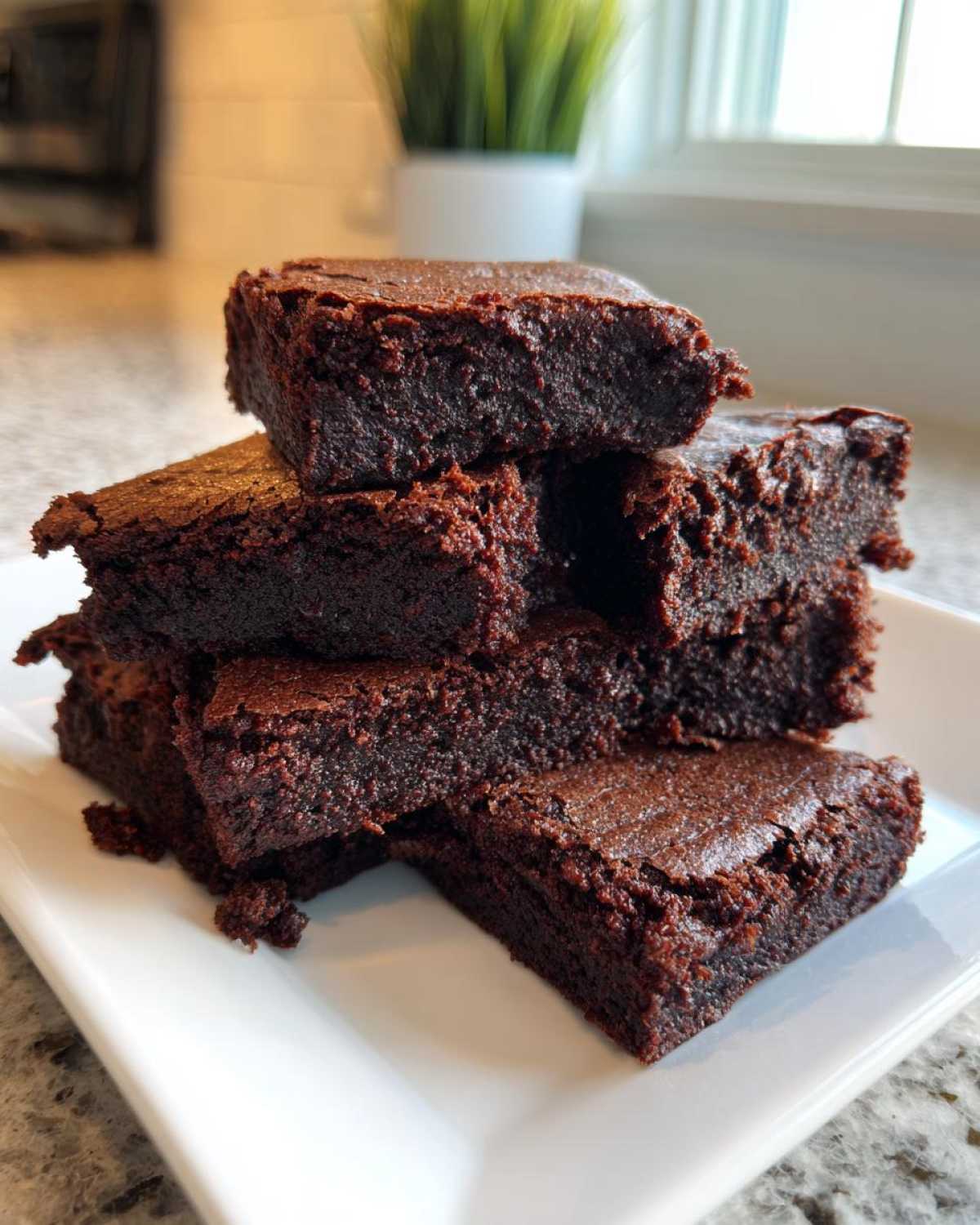 A stack of fudgy, dark chocolate Protein Brownie Bites with Collagen served on a white rectangular plate.