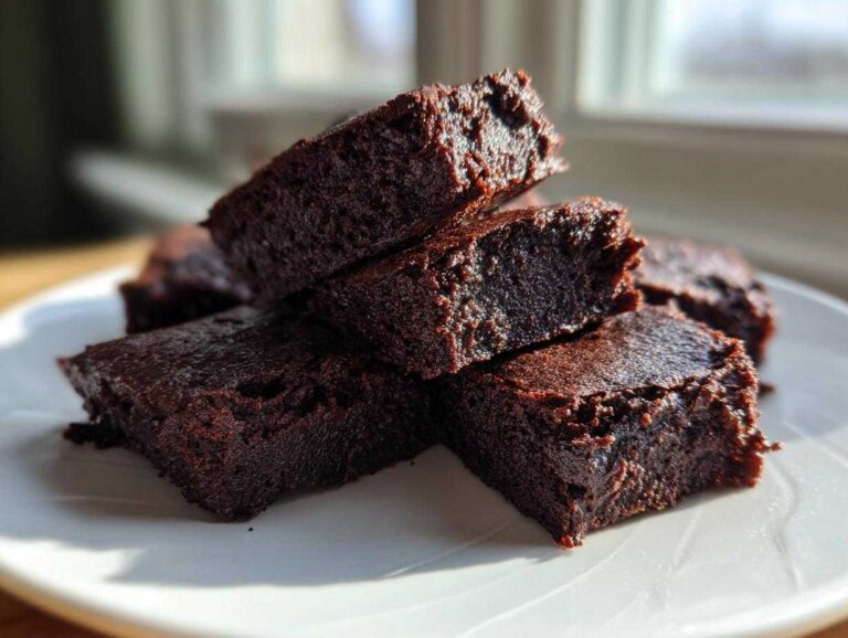 Amazing 11g Protein Brownie Bites with Collagen A stack of fudgy, dark chocolate Protein Brownie Bites with Collagen squares resting on a white plate near a window.
