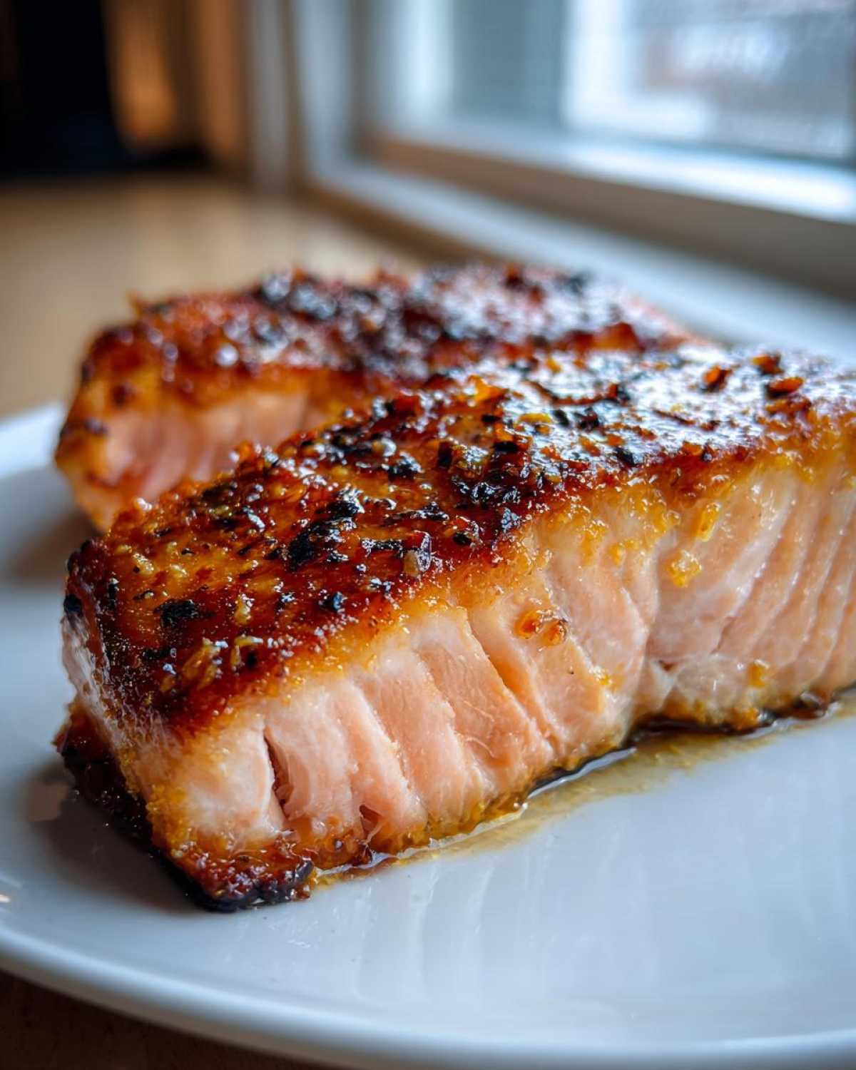Close-up of a perfectly cooked, glazed piece of Ridiculously Good Air Fryer Salmon on a white plate.