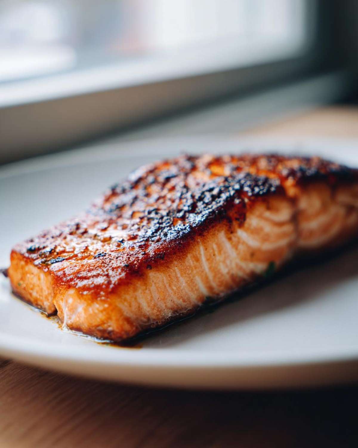Close-up of a perfectly cooked fillet of Ridiculously Good Air Fryer Salmon with a beautifully caramelized, slightly charred top.