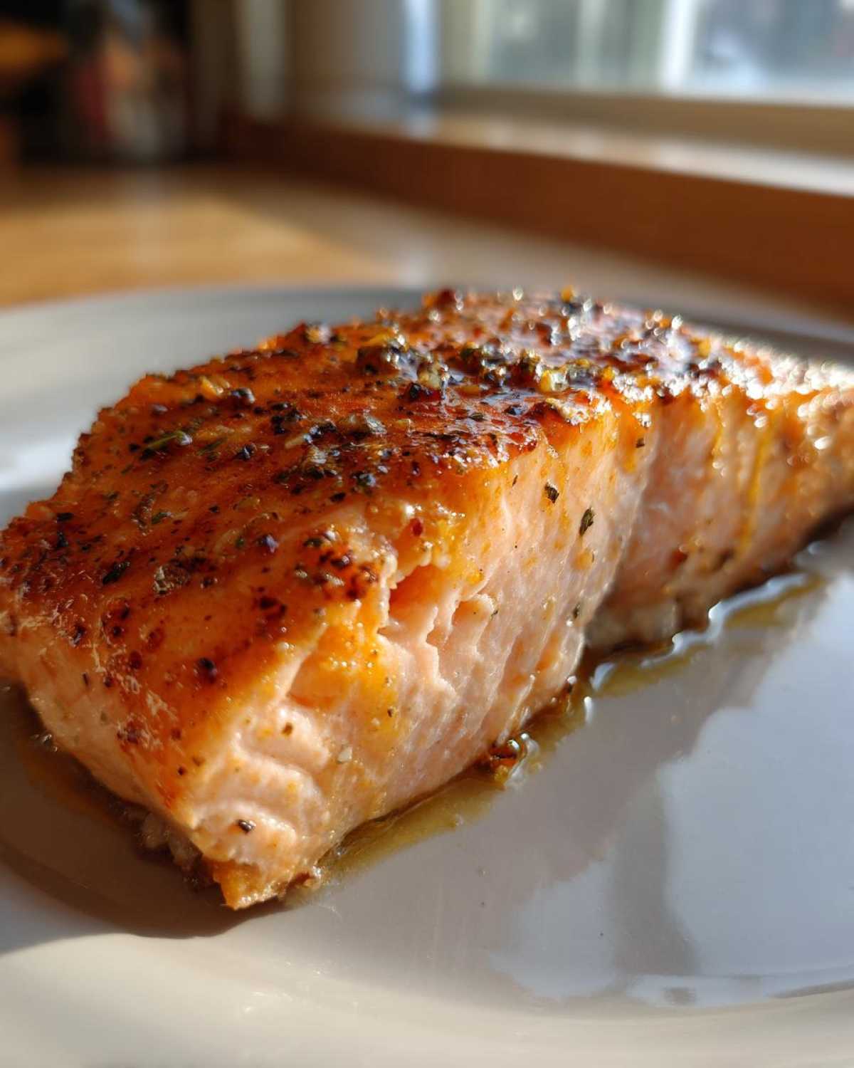 Close-up of a moist, seasoned fillet of Ridiculously Good Air Fryer Salmon resting on a light-colored plate.