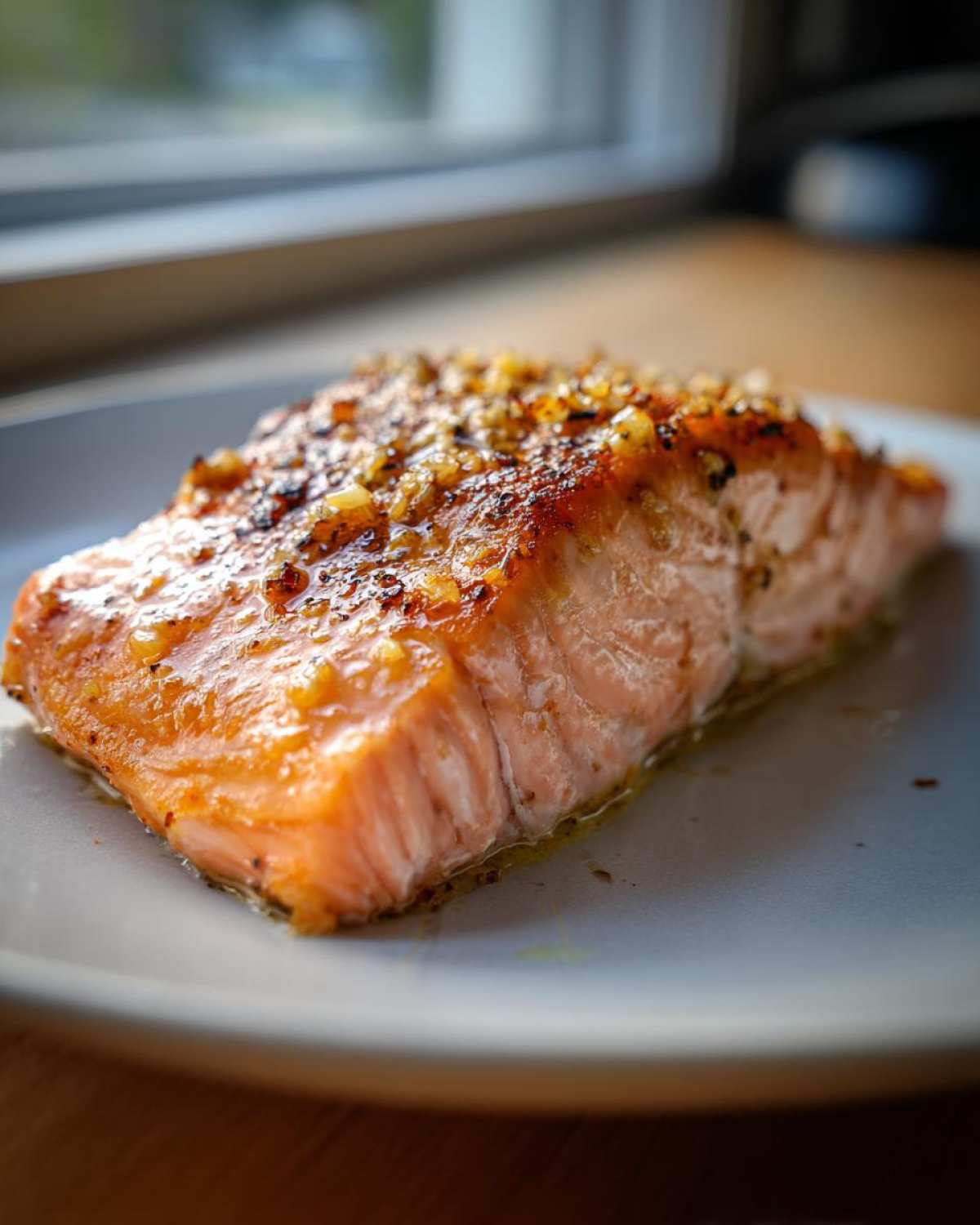 A perfectly cooked fillet of Ridiculously Good Air Fryer Salmon with a crispy, glazed topping on a light gray plate.