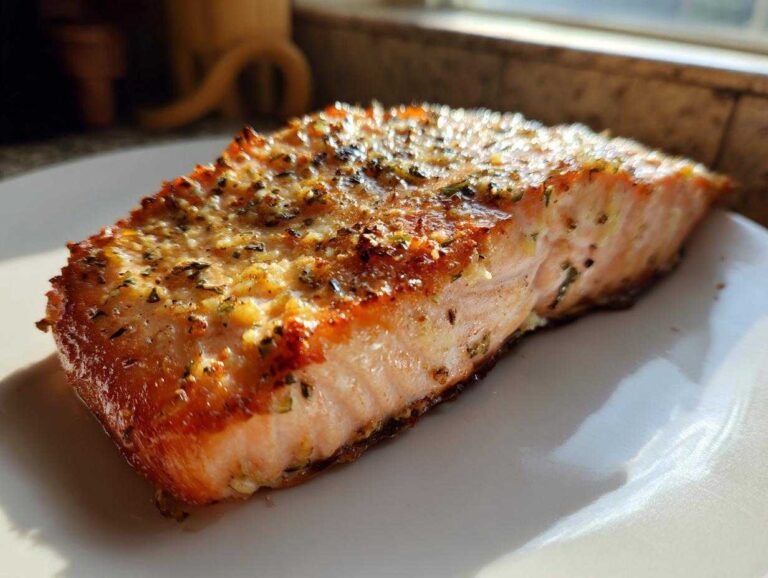 Amazing 10-Minute Ridiculously Good Air Fryer Salmon Close-up of a perfectly cooked fillet of Ridiculously Good Air Fryer Salmon with a golden, herbed crust.